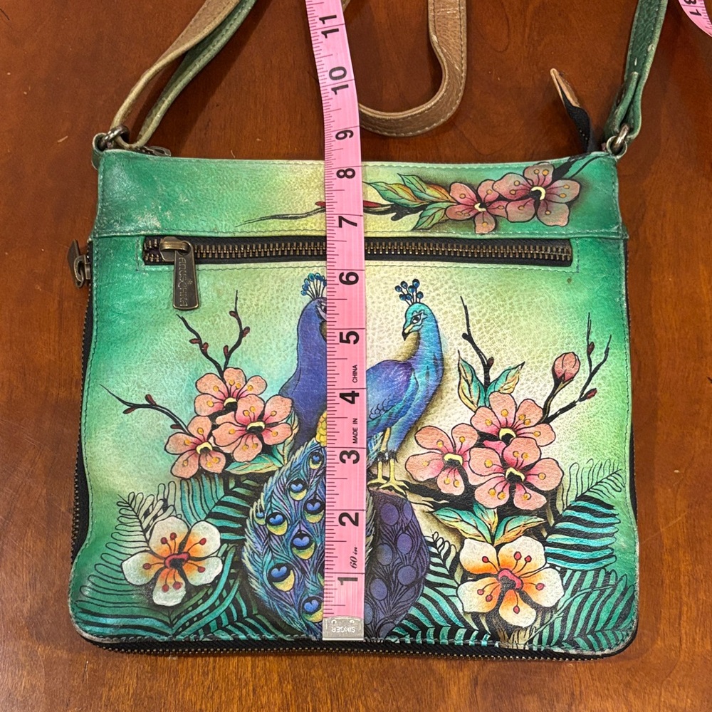 Anuschka Green Adjustable Crossbody Bag with Peacock and Floral‎ Art - Picture 13 of 16
